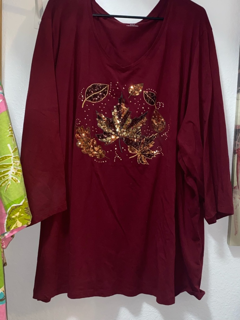 Catherines Burgundy V-Neck Long Sleeve Top with Gold Leaf Embellishment